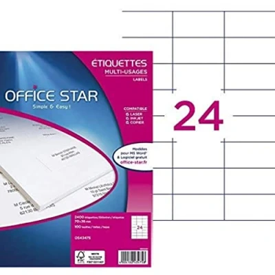 Afbeelding van OFFICE STAR verpakking met 2400 multifunctionele etiketten, personaliseerbaar en bedrukbaar, formaat 70 x 36 mm, laserprinter/inkjetprinter, (OS43475)