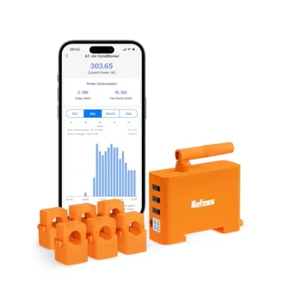Afbeelding van Refoss EM06 Driefasige stroommeter verbonden met thuisassistent, wifi en bluetooth elektriciteitsmeter, 6 kanalen (elk 150 A), real time verbruiksmeting, App, oranje