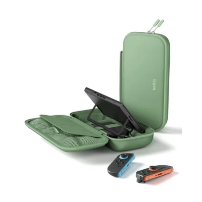 Image de Belkin Gaming Pochette de rangement avec batterie externe 10 000 mAh pour Nintendo Switch 2 écran LCD, recharge rapide 30W, compartiments AirTag et cartes jeux, Vert