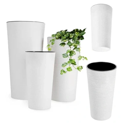 Afbeelding van KADAX bloempotten met houtsnippers, elegante afneembaar inzetstuk, bescherming voor kantoor, bloembak, tuinpot (19, 25, 30 cm, wit)