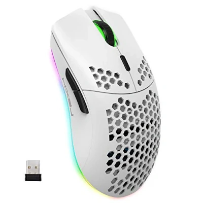 Afbeelding van Draadloze gamingmuis, ergonomische RGB muis van honingraat, licht, 2,4 g, met oplaadbare batterij 750 mAh, energiebesparend, 6 toetsen voor Windows, Mac OS, laptop, Smart TV (wit)