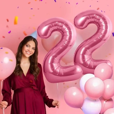 Afbeelding van Verjaardagsballonnen 22 roze 100 cm ballon cijfer nummer Happy Birthday decoratie, ballonnen, verjaardagsfeest, jaren vliegt dankzij helium