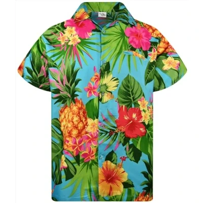 Afbeelding van King Kameha Funky Hawaïhemd voor heren, korte mouwen, borstzakje, palmbladeren, ananas, Ananas/Turkoois
