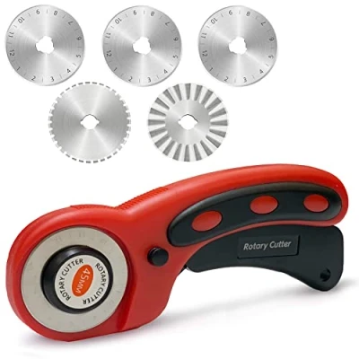 Afbeelding van Set met draaimessen, draaibaar, naaien, 5 reservemesjes, Ø 45 mm, nauwkeurig snijden, beschermingsmechanisme voor het naaien van patchwork, stof, papier, canvas en leer