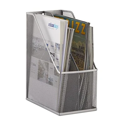 Afbeelding van Relaxdays tijdschriftenhouder metaal 2 vakken tijdschriftencassette A4 sorteerbak zilver