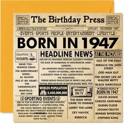 Image de Stuff4 cartes de 77e anniversaire pour homme et femme Journal Born In 1947 Carte d&#039;anniversaire grand père, mère, vintage rétro en 1947, 145 mm x mm, vœux