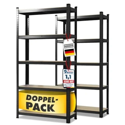 Afbeelding van Floordirekt Set van 2 zware rekken Zwart 150 x 75 30 cm 5 verstelbare planken (Lakota)