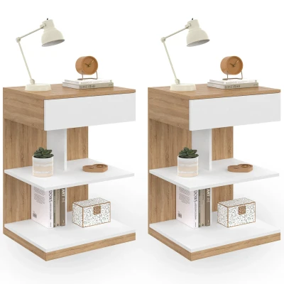 Image de Lot de 2 tables chevet TOMI 1 tiroir et étagères façon hêtre blanc IDMarket