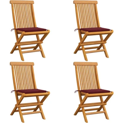 Afbeelding van vidaXL Tuinstoelen 4 st met wijnrode kussens massief teakhout