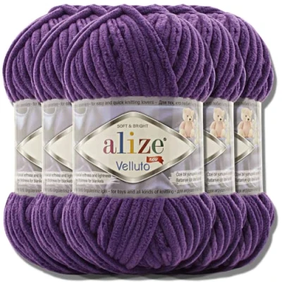 Afbeelding van Hobby YARN Alize Velluto Turkse breiwol, 5 bollen elk, 100 g, super bulky, effen, babywol, pluizige wol (paars, 44)