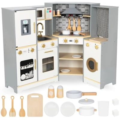 Afbeelding van Mamabrum Houten kinderkeuken 3+ groot interactief fornuis XXXL met ledverlichting, keukenset wasmachine, oven, vaatwasser, afzuigkap, dispenser en potten