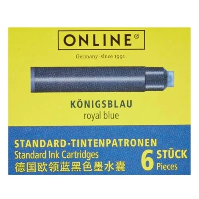 Afbeelding van ONLINE Set van 6 universele standaard inktpatronen voor vulpennen, compatibel met alle gangbare reservepatronen vulpen en rollerbalpen, koningsblauw