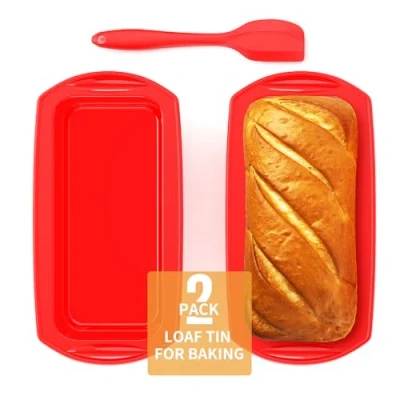 Afbeelding van Ankway Set van 2 rechthoekige siliconen broodvormen met deegspatel, broodbakvorm antiaanbaklaag, voor cake en brood, 28 x 14,3 6,3 cm, rood