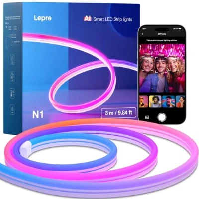Afbeelding van Lepro 3 m neon ledstrip met app bediening, doe het zelf, muzieksynchronisatie, werkt Alexa en Google Assistant, neonlichtstrip voor woonkamer, wanddecoratie,