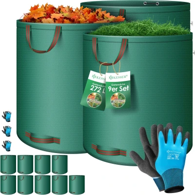 Afbeelding van KESSER® Tuinafvalzak Tuinzak Set Bladzak incl. Handschoenen Zelf Staand 4 Handvatten Stabiel Robuust &amp; Opvouwbaar Bladzakken Maaisel Tuinzakken voor Tuinafval Groenafval 9x 272 Liter, Groen