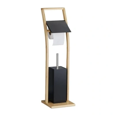 Afbeelding van Relaxdays toiletaccessoires set bamboe zwart toiletborstelhouder wc rolhouder