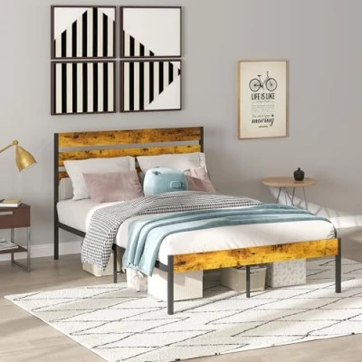 Afbeelding van HOMCOM Bedframe voor tweepersoonsbed, 140 x 200 cm, industrieel, tweepersoonsbed met opbergruimte onder het bed, lattenbodem, hoofdeinde en voeteneinde slaapkamer, van hout