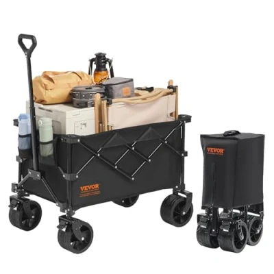 Afbeelding van VEVOR opvouwbare strandwagen, 220 liter, robuuste trolley tot 150 kg met bekerhouder, sportwagen voor camping, winkelen, tuin, zwart, maat S