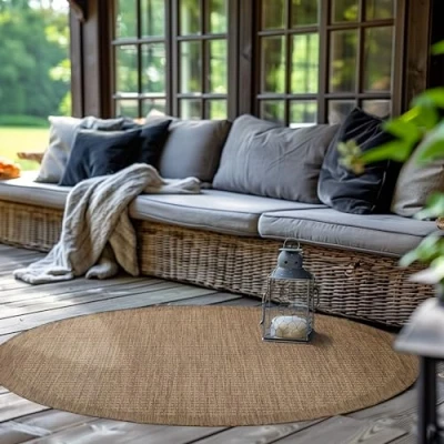 Afbeelding van SIMPEX Rond buitentapijt voor terras, balkon, tuin, keuken, effen design, weerbestendig, sisal look, afwasbaar, maat:160 cm rond, kleur:bruin