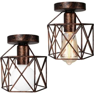 Afbeelding van IDEGU Industriële plafondlamp van metaal, kooi, vierkant, 15 cm, kroonluchter, lampenkap, ijzer, E27, 40 W, voor woonkamer, slaapkamer, bar, roest (zeshoekig), 2 stuks