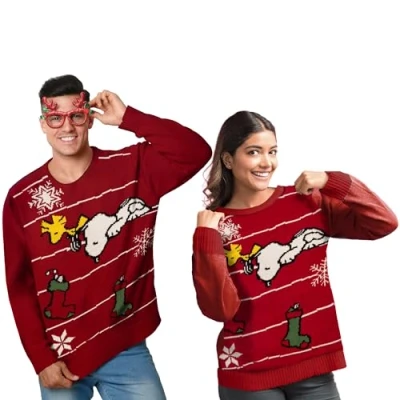 Afbeelding van The Peanuts Unisex wintertrui Snoopy Winter Gebreid Sweatshirt Ugly Sweater voor Mannen Vrouwen Rood, Rood