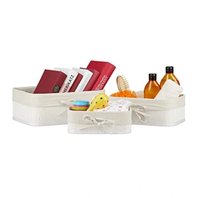 Afbeelding van Relaxdays opbergmand set van 3 bamboe &amp; stof opbergboxen kastmand stapelbaar wit