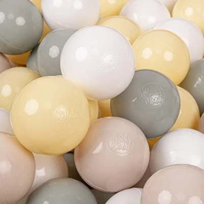 Afbeelding van KiddyMoon Gekleurde plastic ballen voor babyzwembad, 50 ballen, ∅ 7 cm, made in EU, pastelbeige, grijsgroen, pastelgeel, wit