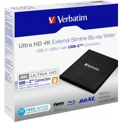 Afbeelding van Verbatim External Ultra HD 4K Externe Blu ray brander video ondersteuning Retail USB C 3.2 (Gen 1) Zwart