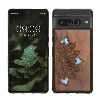 Afbeelding van kwmobile telefoonhoesje geschikt voorGoogle Pixel 7 Pro Hoesje met bumper walnoothout In donkerbruin Parelmoer mandala design