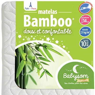 Afbeelding van Babysom bamboe babymatras, viscose met ultrazacht gevoel, luchtig en absorberend, zonder chemische behandeling, dikte 14 cm, afneembare hoes, Oeko Tex, gemaakt in Frankrijk, wit, 60 x 120 cm