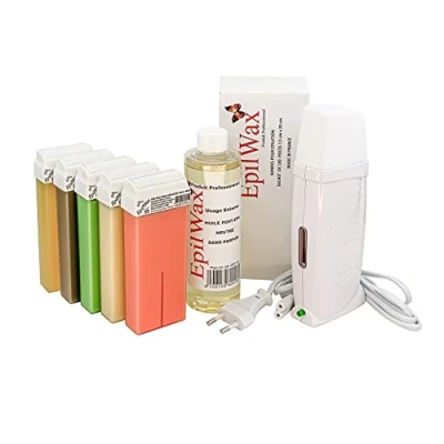 Image de EpilWax Kit Chauffe Cire Épilation Professionnelle avec 5 x Recharges Roll on Chocolat/Vanille/Rose/Miel/Alèo Vera, 100 Bandes d&#039;Épilation et Huile après Gamme Royal Multi