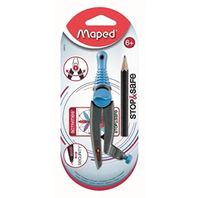 Image de Maped Compas Stop &amp; Safe avec Système de sécurité automatique Dès 6 ans bague Mini Crayon à Papier + Livret Rosaces Coloris Aléatoire