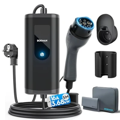 Afbeelding van bokman Oplader voor elektrische auto, 16 A, 5 m, 3,68 kW, type 2 EV, draagbaar, compatibel met Tesla Model Y, EX30, XC60, Q4, MG4. 208EV en PHEVs