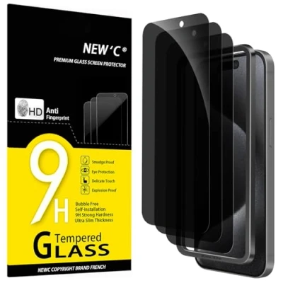 Afbeelding van NEW&#039;C 3 stuks screenprotector van gehard glas voor iPhone 15 Pro (6,1 inch) met verbeterde 28 graden anti spionagebescherming, eenvoudig installatiegereedschap inbegrepen