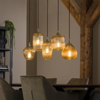 Afbeelding van Hanglamp Ella glas amber rond 5 lichts