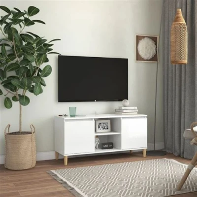 Afbeelding van Tv meubel met houten poten 103,5x35x50 cm hoogglans wit