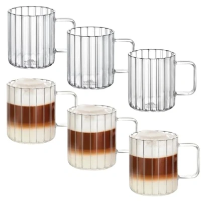 Afbeelding van Wilmax Set van 6 thermoglazen met handvat, geribbeld glas voor water, thee, koffie, theeglas, koffieglas, warme en koude dranken, vaatwasmachinebestendig