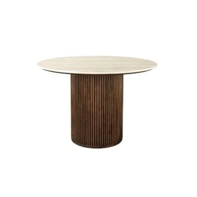 Afbeelding van Dutchbone Arda Eettafel Rond 115 cm Travertin/ Hout Beige