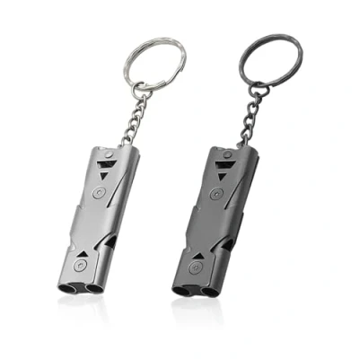 Afbeelding van 2 stuks roestvrijstalen noodfluitjes met sleutelhanger, veiligheidsfluitje, outdoor survivalfluitje, geschikt voor avonturen, wedstrijdtraining, survival