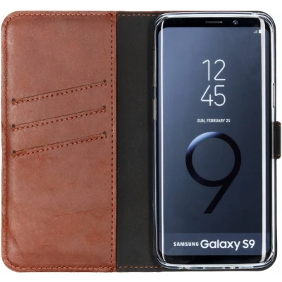Afbeelding van Selencia Hoesje Geschikt voor Samsung Galaxy S9 Met Pasjeshouder Echt Lederen Bookcase Lichtbruin