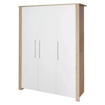 Afbeelding van roba Malo Kinderkast met 3 deuren, kledingkast voor babykamer en kinderkamer hoogwaardige metalen handgrepen, wit gelakt hout, ambachtelijk eiken decor