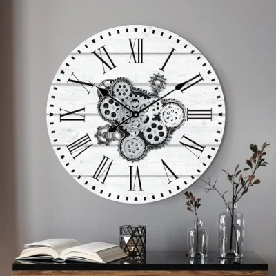 Afbeelding van Lafocuse Wandklok, mobiele tandwielen, groot, 57 cm, zwart, industrieel, hout, vintage, slinger, muurschildering, steampunk, Romeinse cijfers voor woonkamer, bar, kantoor