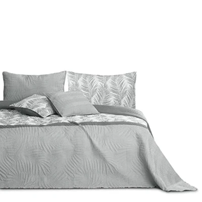 Afbeelding van AmeliaHome Sprei 260 x 280 cm, onderhoudsvriendelijk, plantenpatroon, grijs en wit, tropisch Bonaire