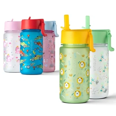 Afbeelding van VINSUN Drinkfles voor kinderen, met rietje, 500 ml, Tritan, BPA vrij, lekvrij, licht, kleuterschool, school, sport, groen