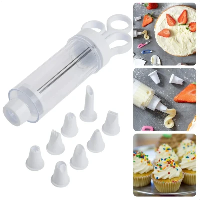 Afbeelding van Cheqo® Garneerspuit Set Transparant/Wit 19 cm Inclusief 7 Spuitmondjes Perfect voor Taartdecoratie