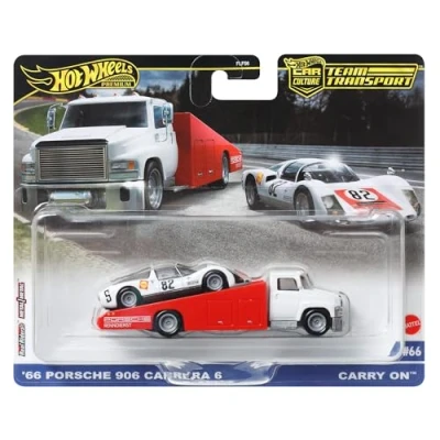 Afbeelding van Hot Wheels HRV47 Carry On Truck &amp; 1966 Porsche 906 Carrera 6 nr 66 Rood, Wit