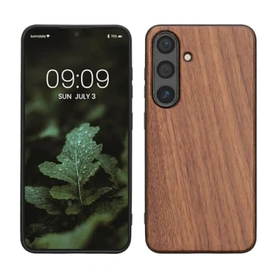 Afbeelding van kwmobile telefoonhoesje geschikt voor Samsung Galaxy S25 Hoesje met bumper in donkerbruin Backcover hout
