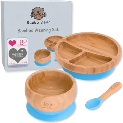 Afbeelding van Bubba Bear ® Babyspeenset Bamboe borden, kommen en lepels voor LED voeding peuters Babybord , kom lepelsets (Babyblauw)