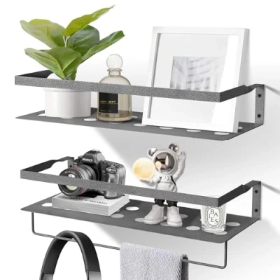 Afbeelding van Uten Set van 2 zwevende ijzeren wandplanken met handdoekstang, voor slaapkamer, badkamer, woonkamer, keuken, wasruimte, kantoor