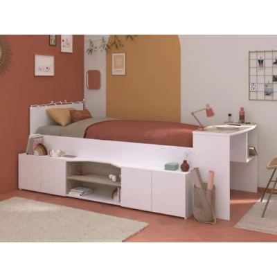Afbeelding van Combinatiebed 90 x 190/200 cm met bureau en opbergruimte Wit houtlook + bedbodem JOCHIANE L 115.9 H D 240.6
